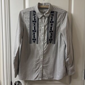 Foxcroft Blue White Striped Embroidered Floral Button Up Collared Shirt Size 6